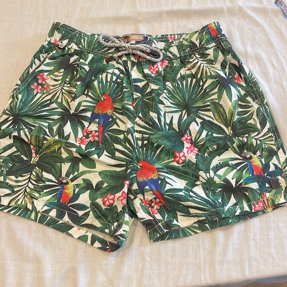 B9B012 Island Haze | Hawaii Macaw SWIM TRUNKS Board Shorts Palm SZ Small